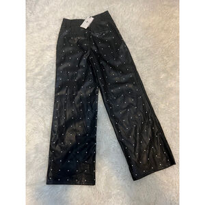 New 7 For All Mankind Black Faux Leather Rhinestone High Rise Wide Leg Pant